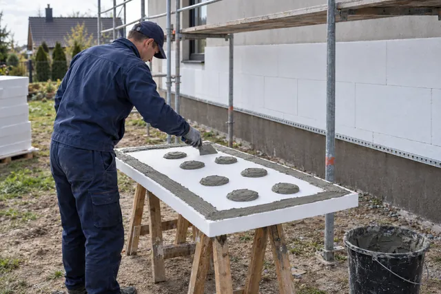 Fachowiec nakłada klej na płytę styropianu metodą obwodowo-punktową, w tle ocieplana ściana domu