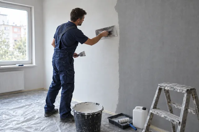 Fachowiec nakłada gładź gipsową pacą na ścianę