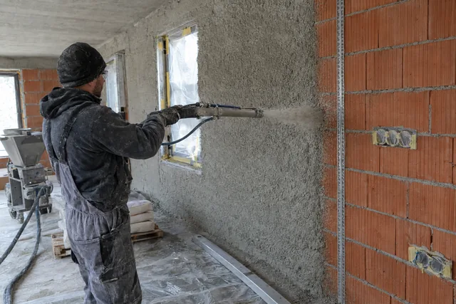 Tynkarz natryskuje agregatem tynk gipsowy na ścianę z pustaków, okno zaklejone folią